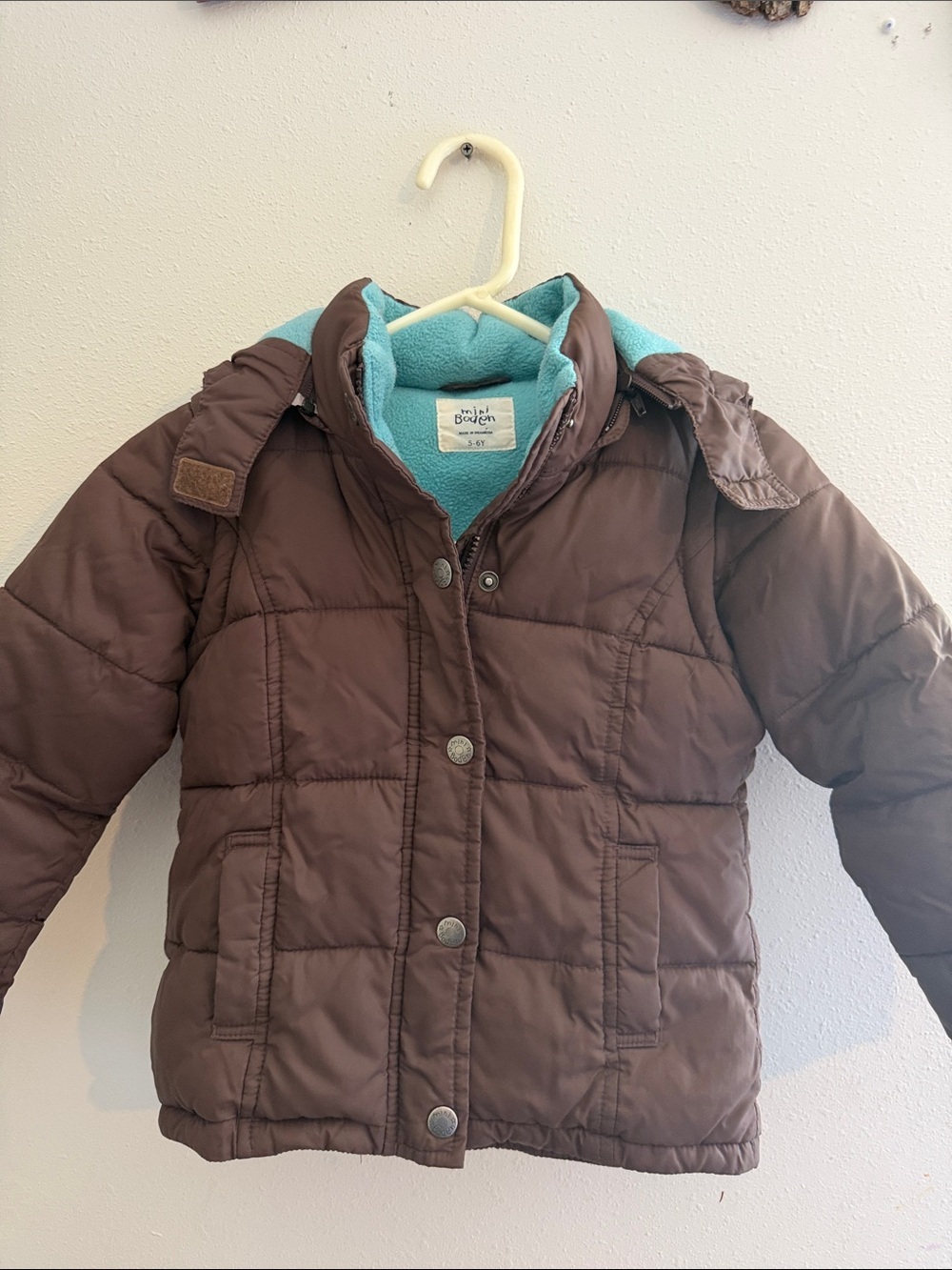 Mini Boden Brown Puffer Jacket with Teal Lining